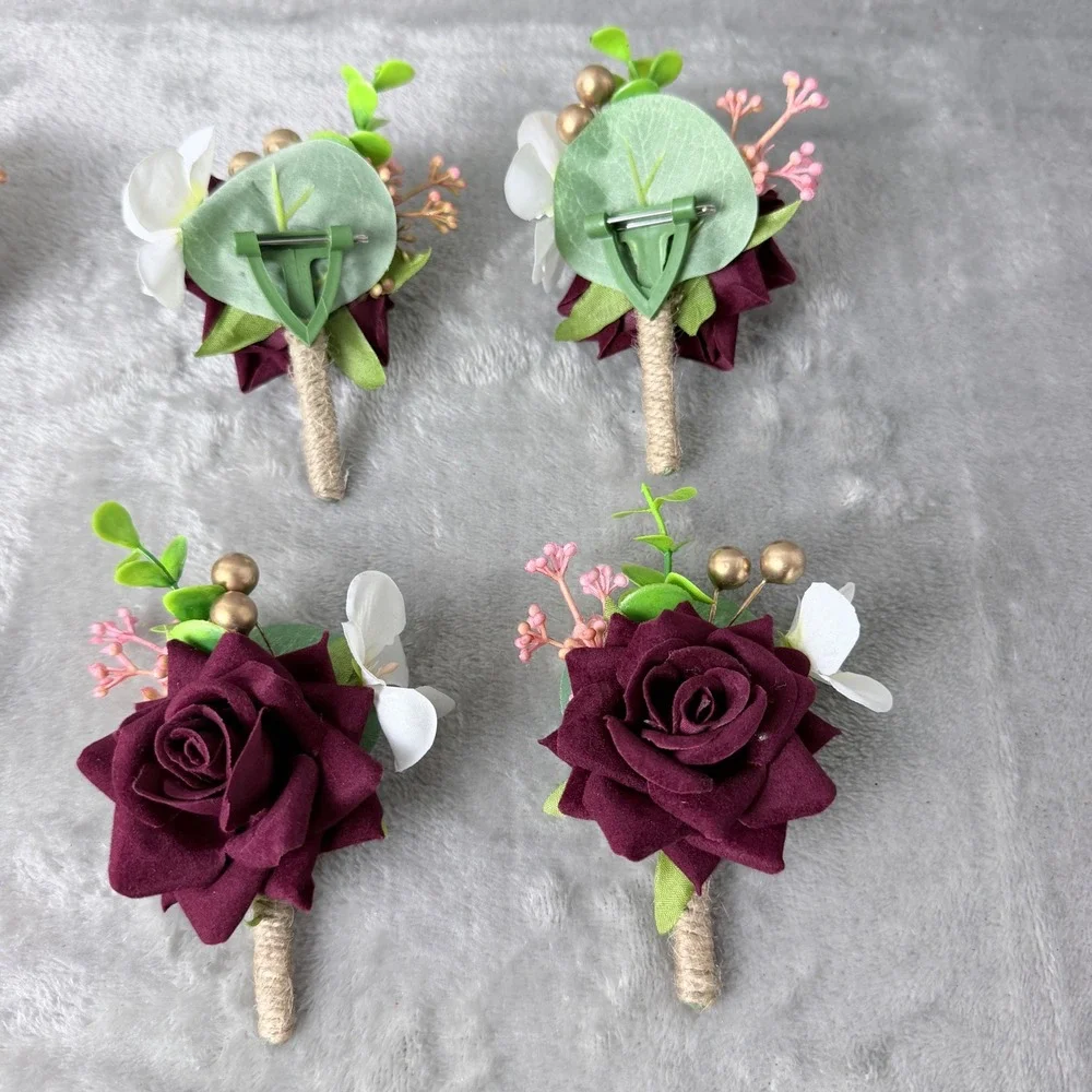 Boutonnière 6pc Burgundy Rose Gold Accents Rustic Wedding Formal Floral Groom